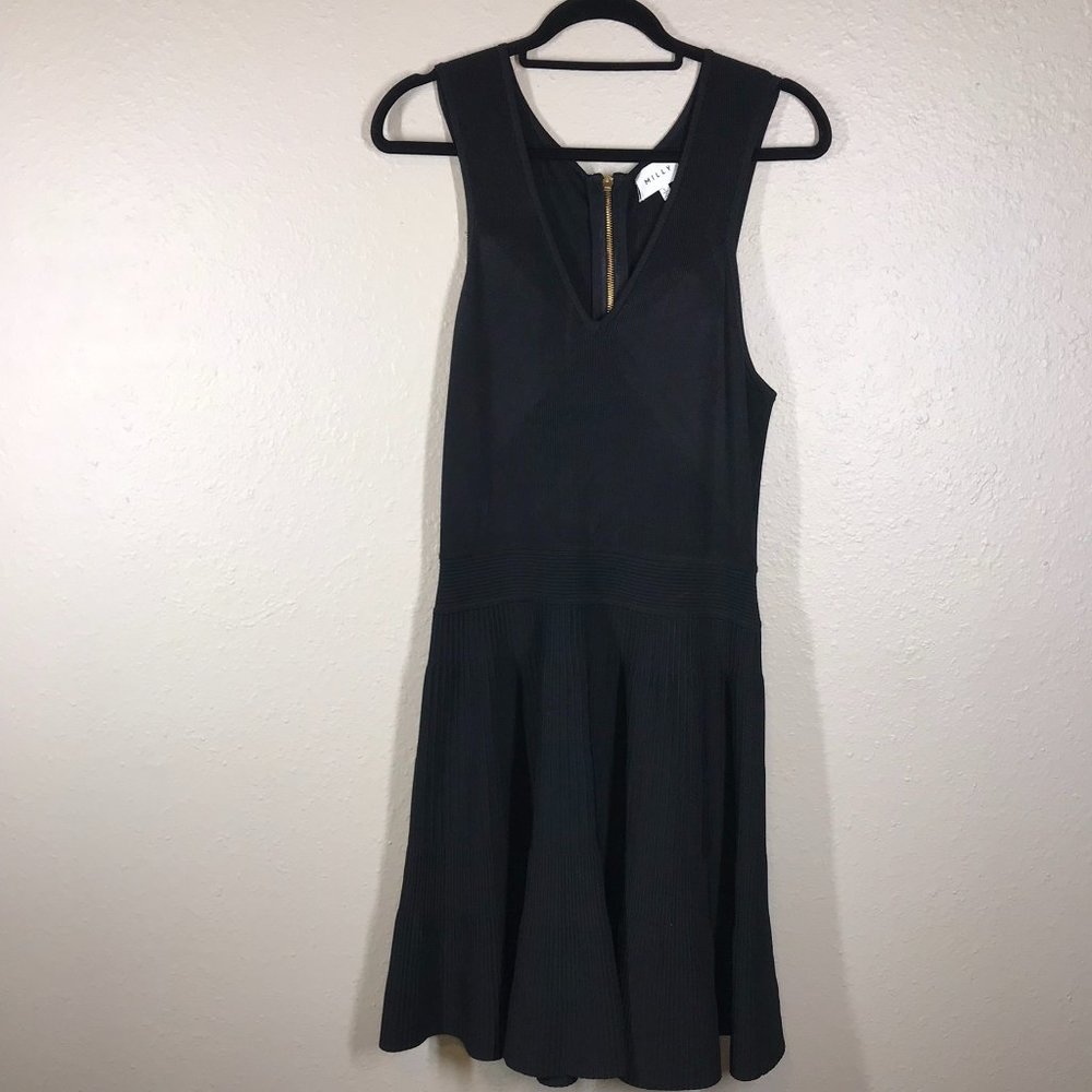 Milly Black V-neck Zippered Fit and Flare heavy knit knee length dress